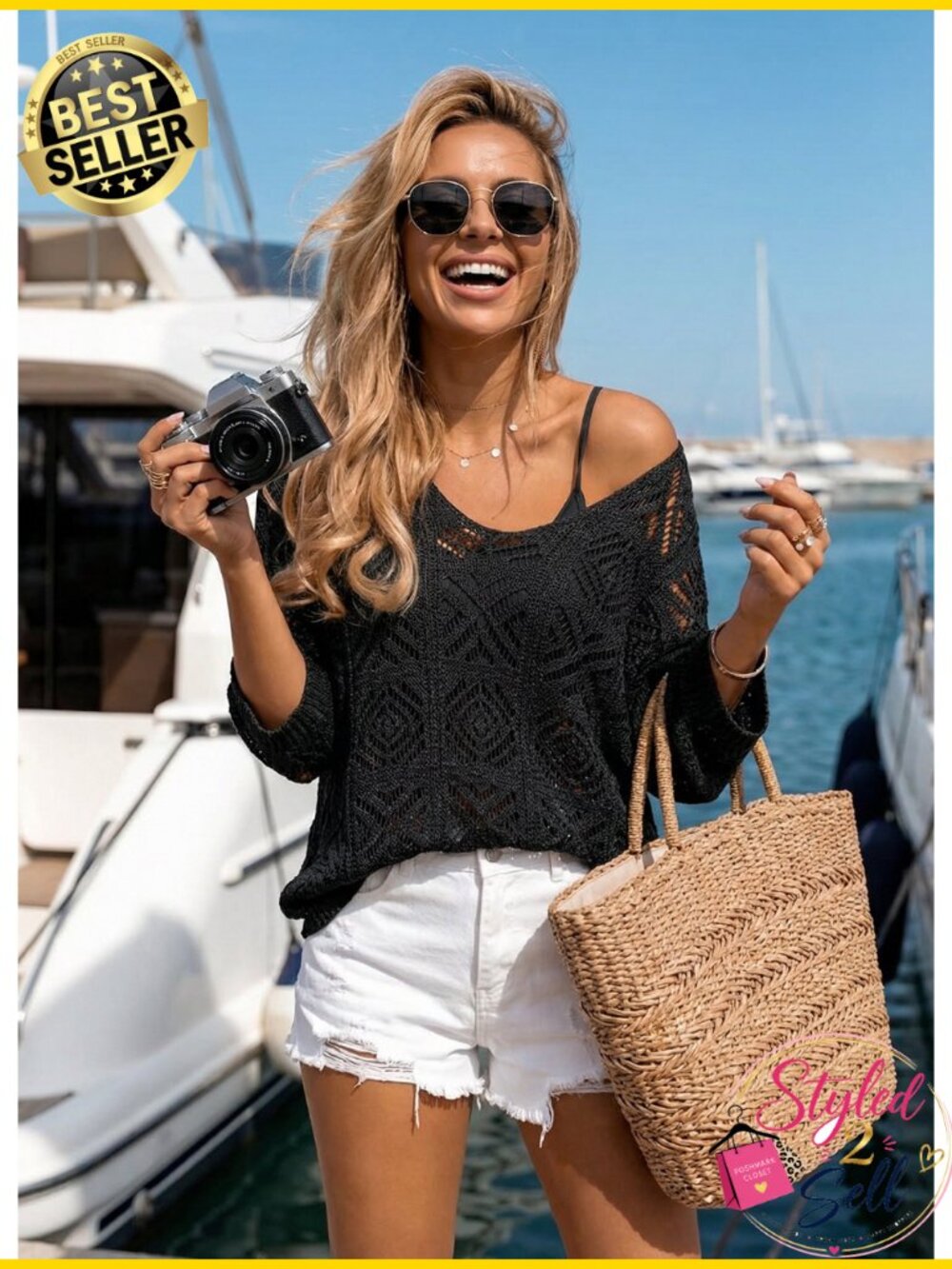 Dokotoo Crochet Hollow Out 3/4 Sleeve Pullover Sweater Off Shoulder Top - Picture 6 of 6